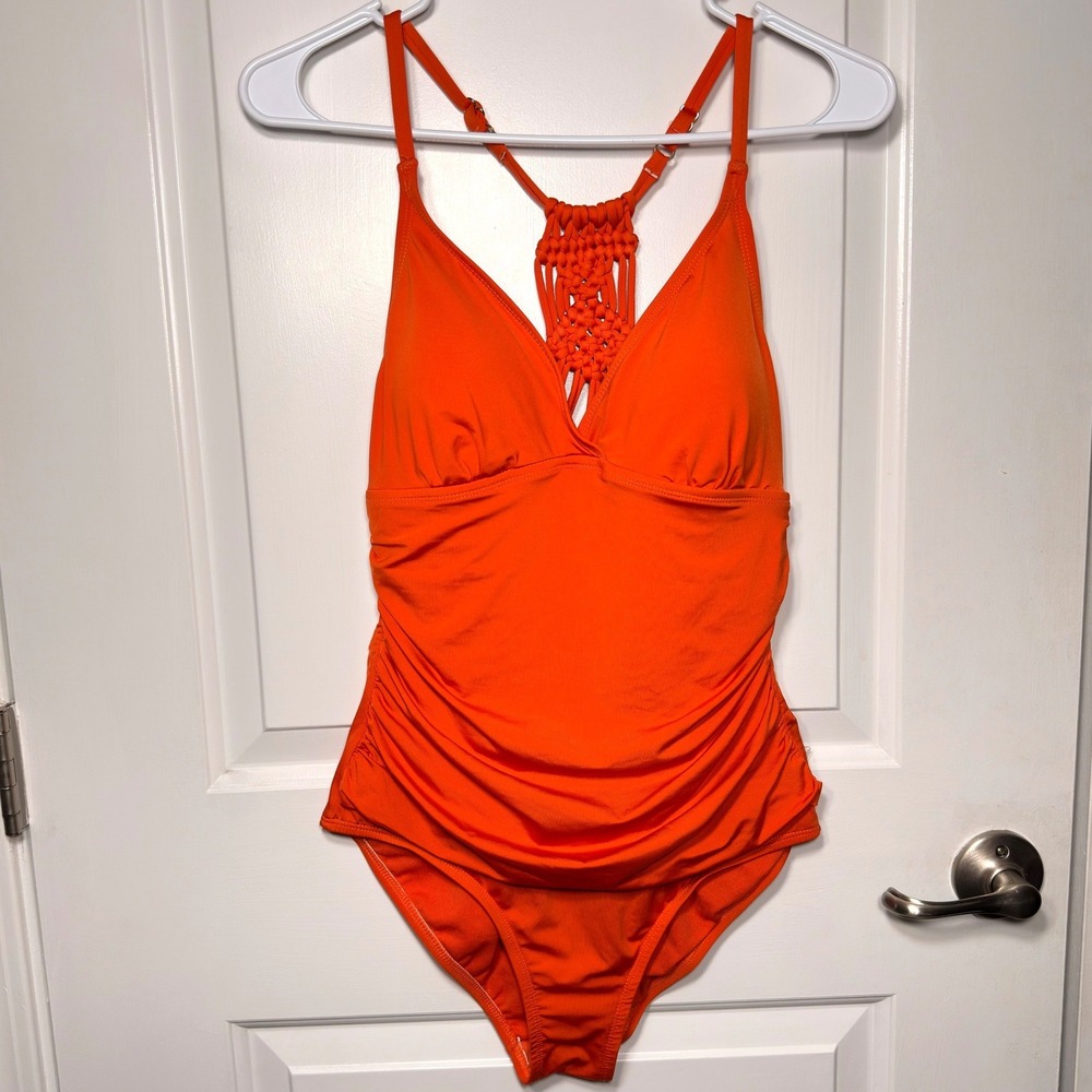 Orange One Piece Swimsuit Ruched Halter Macrame Back Padded Womens S